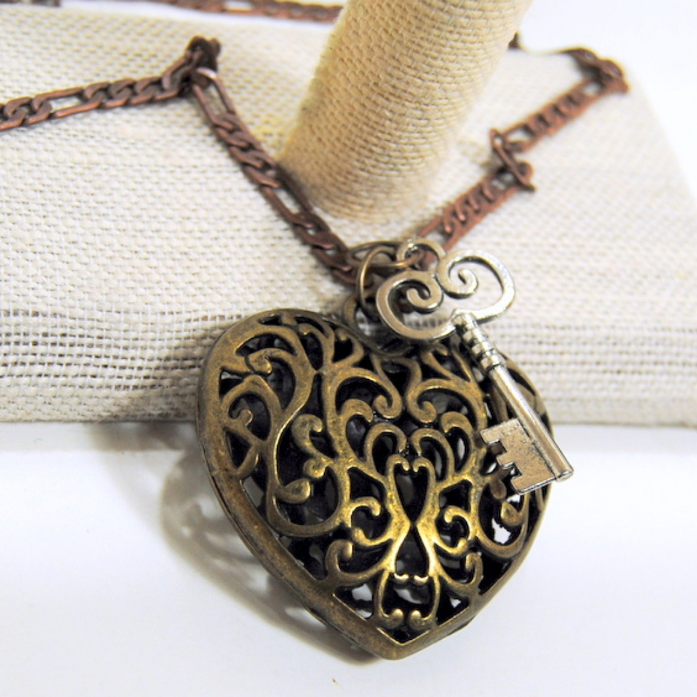 Key to My Heart Necklace Silver Key Filigree Heart - 879